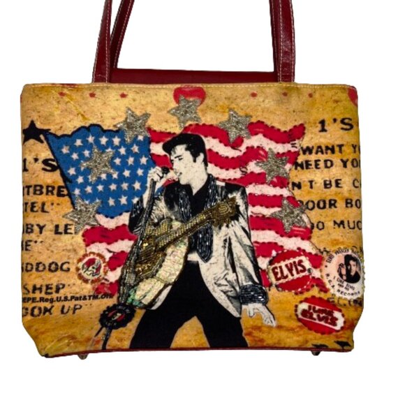 Ashley‎ M Women Embellished Patriotic Elvis Print Handbag Multicolor Beaded Flag - Picture 2 of 16